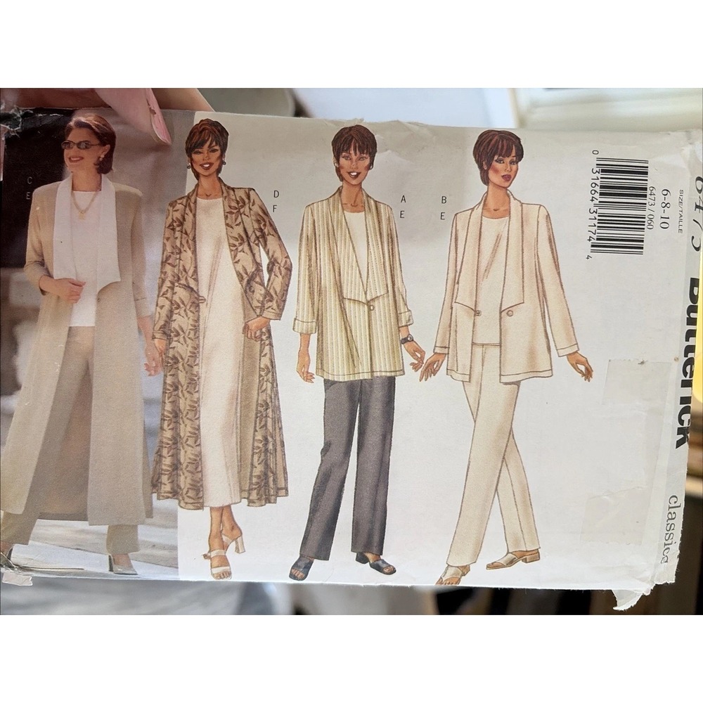 Vintage Butterick 6473 Sewing Pattern Misses Jacket Duster Dress Pants 6-8-10